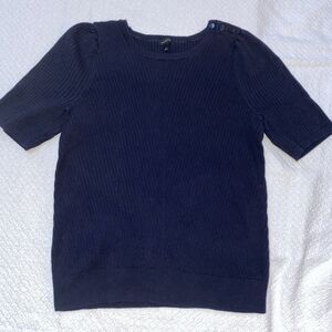 Talbots Navy Blue Ribbed Sweater L Short Puff Sleeve Minimalist Nautical Chic